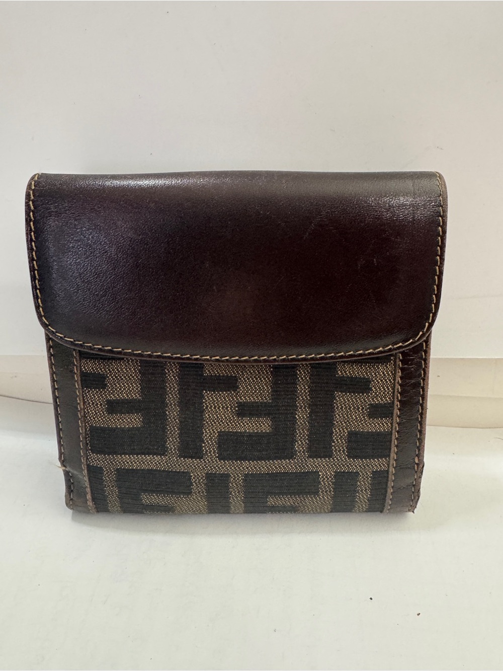 Fendi Brown Canvas Zucca FF Logo & Dark Brown Leather Wallet unisex men women